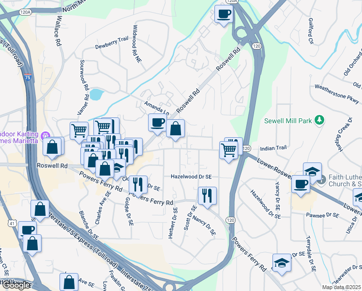 map of restaurants, bars, coffee shops, grocery stores, and more near 1685 Lower Roswell Road in Marietta