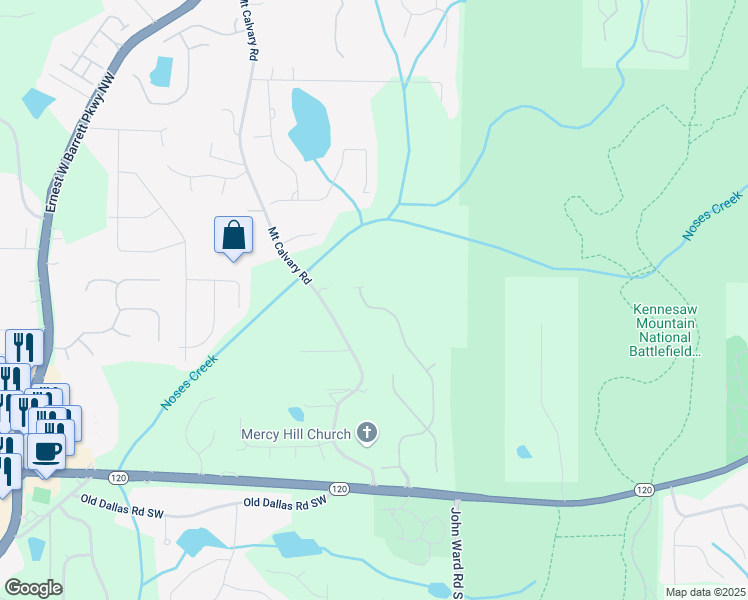 map of restaurants, bars, coffee shops, grocery stores, and more near 416 Battlefield Creek Drive in Marietta