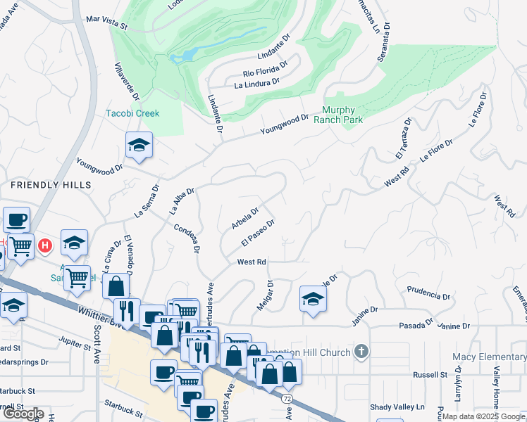 map of restaurants, bars, coffee shops, grocery stores, and more near 15850 Arbela Drive in Whittier