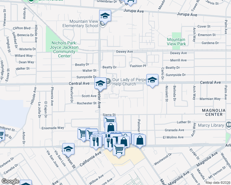 map of restaurants, bars, coffee shops, grocery stores, and more near 5234 Central Avenue in Riverside