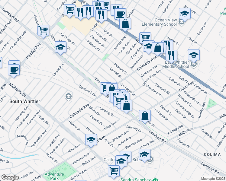 map of restaurants, bars, coffee shops, grocery stores, and more near 14011 Dittmar Drive in Whittier