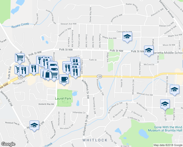 map of restaurants, bars, coffee shops, grocery stores, and more near 542 Whitlock Avenue Northwest in Marietta