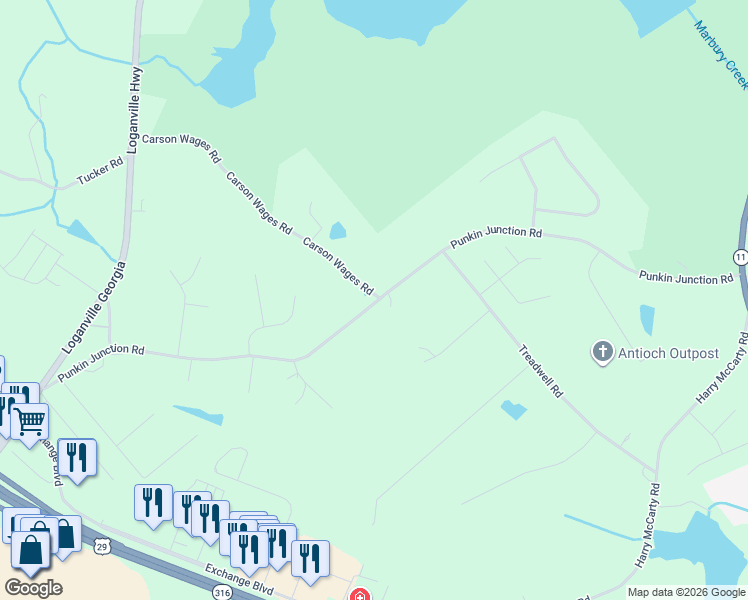 map of restaurants, bars, coffee shops, grocery stores, and more near 203 Punkin Junction Road in Winder