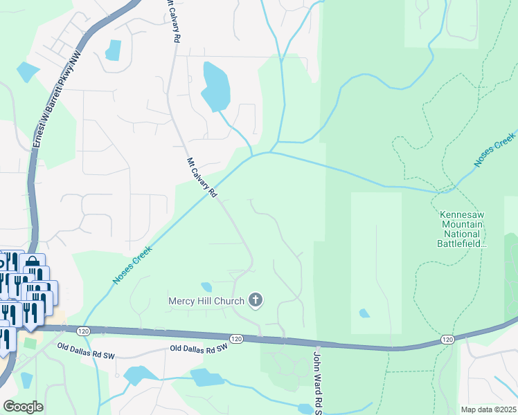 map of restaurants, bars, coffee shops, grocery stores, and more near 416 Battlefield Creek Drive in Marietta