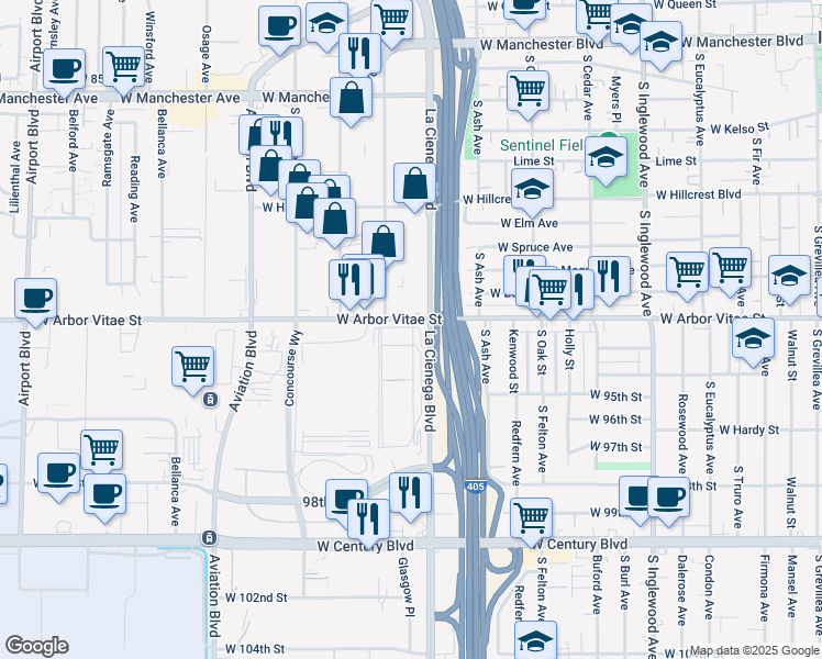 map of restaurants, bars, coffee shops, grocery stores, and more near 5216 Arbor Vitae Street in Los Angeles
