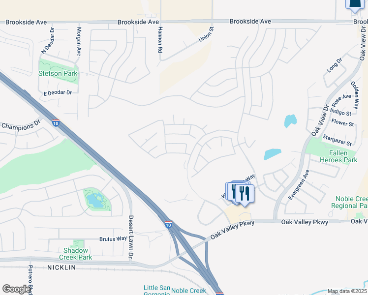 map of restaurants, bars, coffee shops, grocery stores, and more near 973 Windflower Road in Beaumont