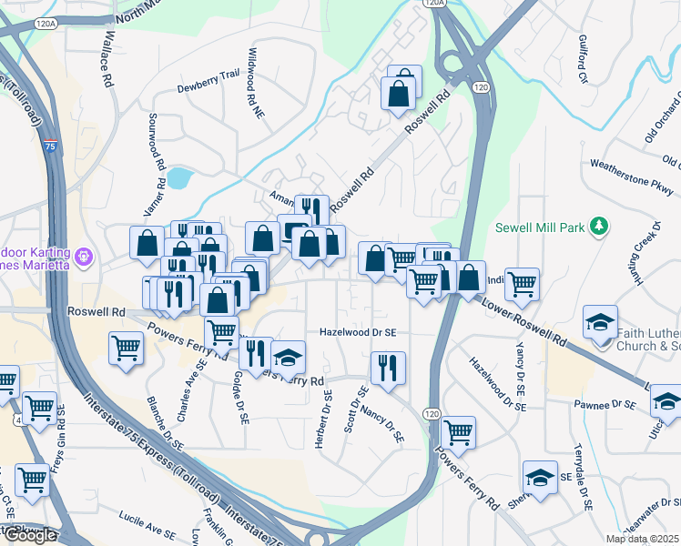 map of restaurants, bars, coffee shops, grocery stores, and more near 1685 Lower Roswell Road in Marietta