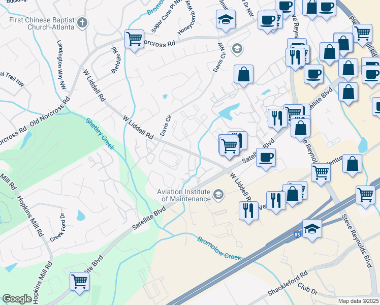 map of restaurants, bars, coffee shops, grocery stores, and more near 2229 West Liddell Road in Duluth
