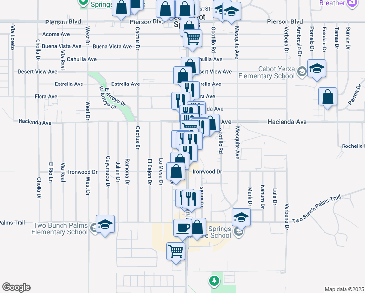 map of restaurants, bars, coffee shops, grocery stores, and more near 13279 Palm Drive in Desert Hot Springs