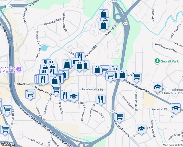 map of restaurants, bars, coffee shops, grocery stores, and more near 1713 Lower Roswell Road in Marietta