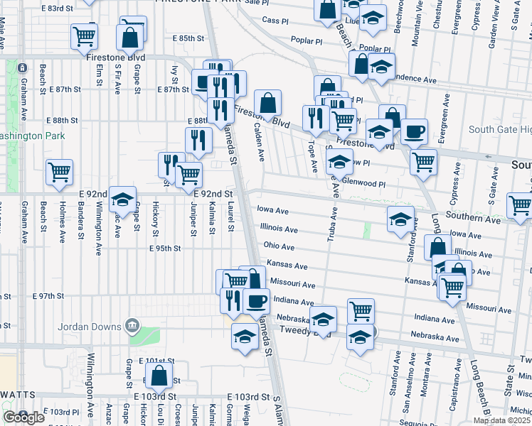 map of restaurants, bars, coffee shops, grocery stores, and more near 2436 Iowa Avenue in South Gate