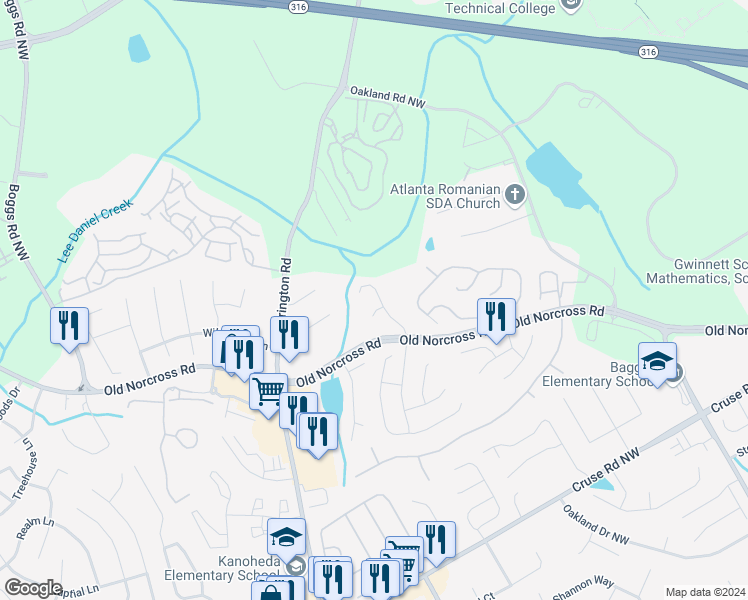 map of restaurants, bars, coffee shops, grocery stores, and more near 1292 Parkside Club Drive Northwest in Lawrenceville