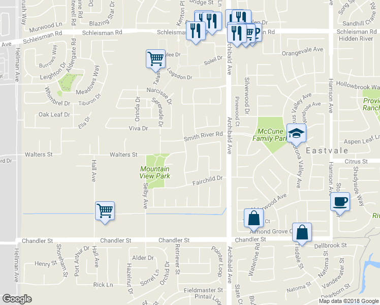 map of restaurants, bars, coffee shops, grocery stores, and more near 7446 Lower Creek Street in Corona