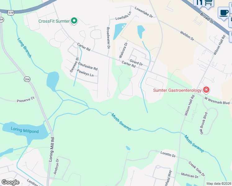 map of restaurants, bars, coffee shops, grocery stores, and more near 1115 Summit Drive in Sumter