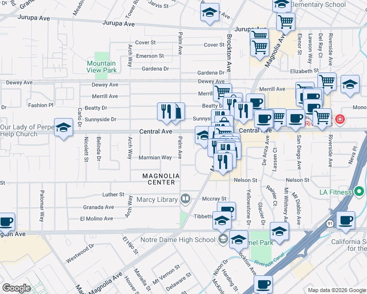 map of restaurants, bars, coffee shops, grocery stores, and more near 6660 Palm Avenue in Riverside