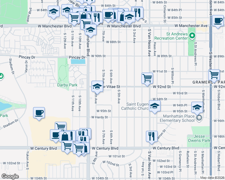 map of restaurants, bars, coffee shops, grocery stores, and more near 9306 South 6th Avenue in Inglewood