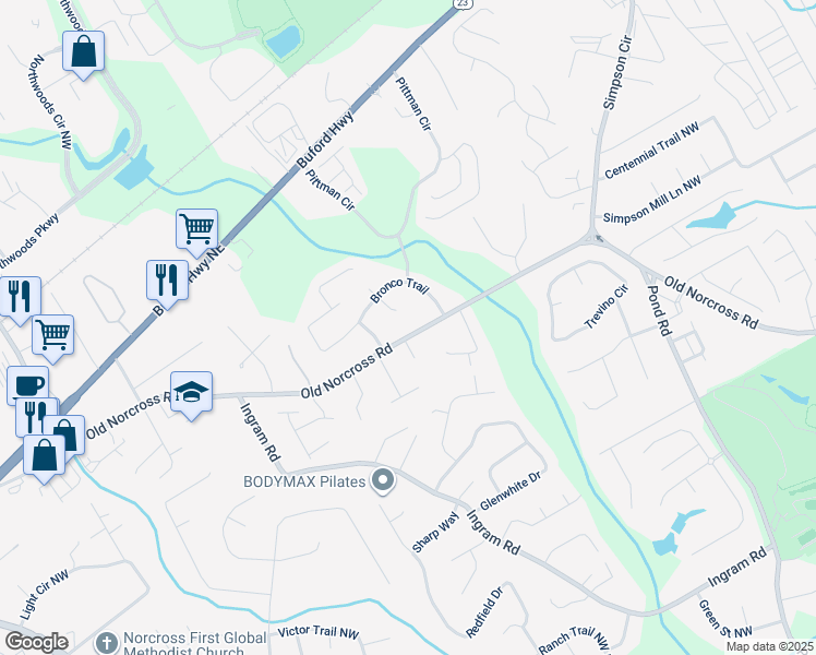 map of restaurants, bars, coffee shops, grocery stores, and more near 4897 Old Norcross Road in Duluth