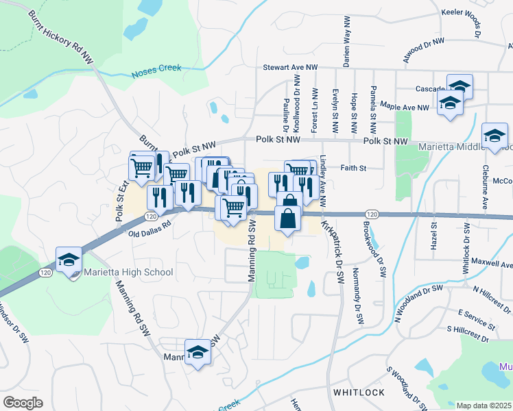 map of restaurants, bars, coffee shops, grocery stores, and more near 750 Whitlock Avenue Southwest in Marietta