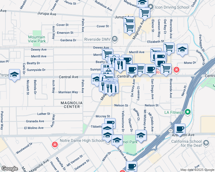 map of restaurants, bars, coffee shops, grocery stores, and more near 6665 Magnolia Avenue in Riverside