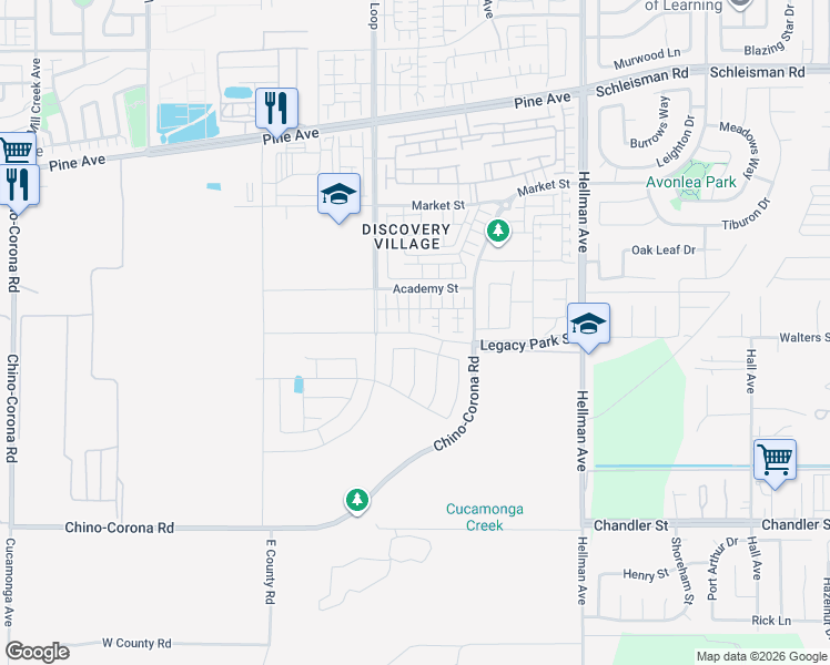 map of restaurants, bars, coffee shops, grocery stores, and more near 8651 Hereford Drive in Chino