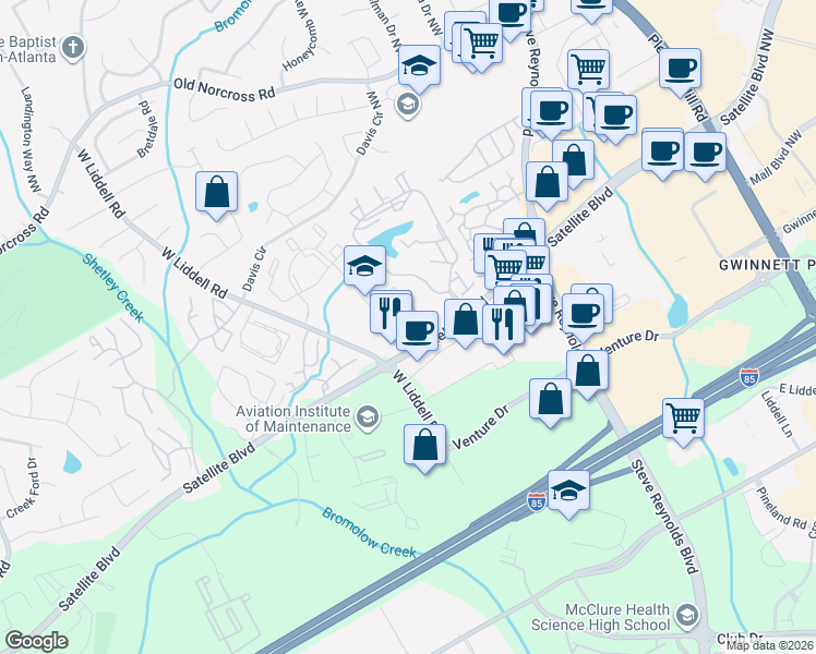 map of restaurants, bars, coffee shops, grocery stores, and more near 304 Club Place in Duluth