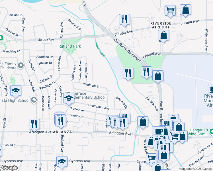 map of restaurants, bars, coffee shops, grocery stores, and more near 8337 Randolph Street in Riverside