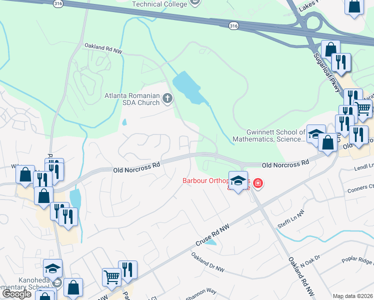 map of restaurants, bars, coffee shops, grocery stores, and more near 2119 Waterford Park Drive in Lawrenceville