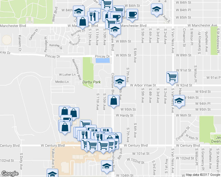 map of restaurants, bars, coffee shops, grocery stores, and more near 3127 West Arbor Vitae Street in Inglewood