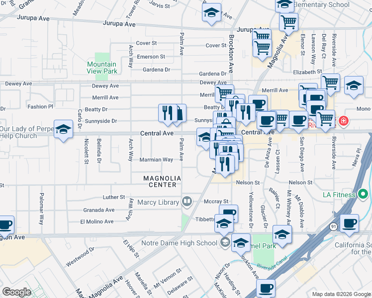 map of restaurants, bars, coffee shops, grocery stores, and more near 6658 Palm Avenue in Riverside