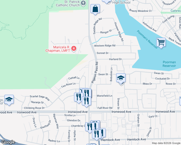 map of restaurants, bars, coffee shops, grocery stores, and more near 11631 Blue Jay Court in Moreno Valley
