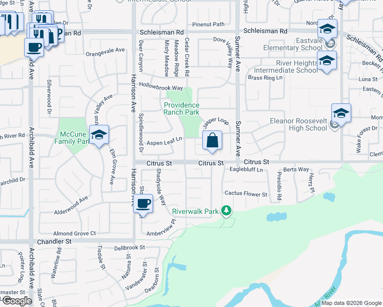 map of restaurants, bars, coffee shops, grocery stores, and more near 7471 Wild Rose Drive in Corona