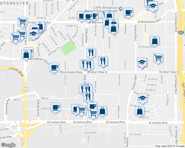 map of restaurants, bars, coffee shops, grocery stores, and more near 5844 Arbor Vitae Street in Los Angeles