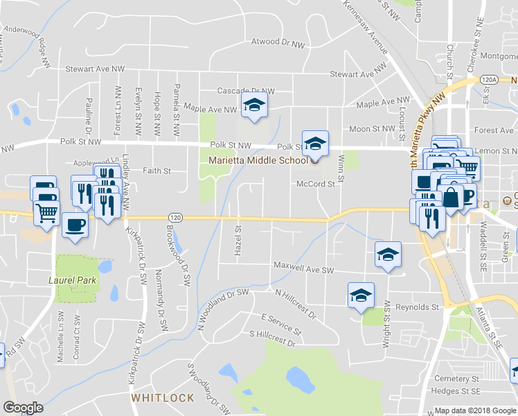 map of restaurants, bars, coffee shops, grocery stores, and more near 328 Whitlock Avenue Northwest in Marietta