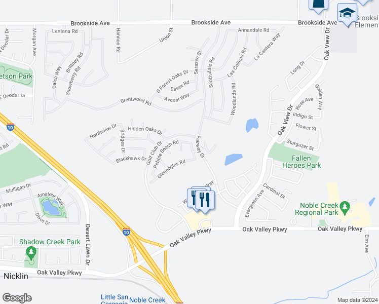 map of restaurants, bars, coffee shops, grocery stores, and more near 1589 Castle Pines Lane in Beaumont