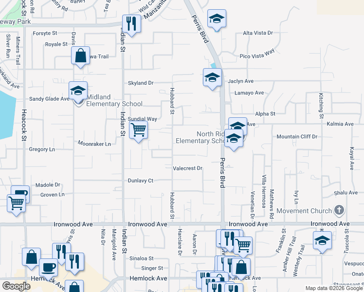 map of restaurants, bars, coffee shops, grocery stores, and more near 24797 Metric Drive in Moreno Valley