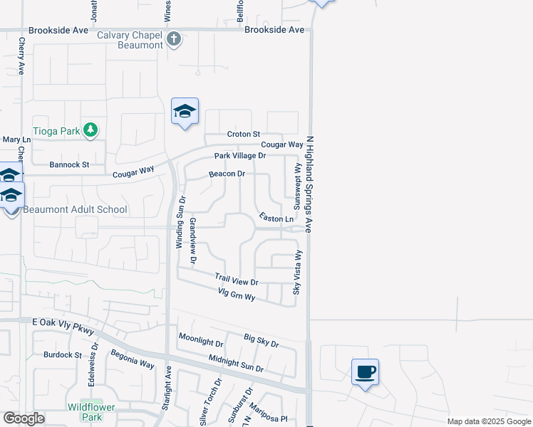 map of restaurants, bars, coffee shops, grocery stores, and more near 1630 Easton Lane in Beaumont