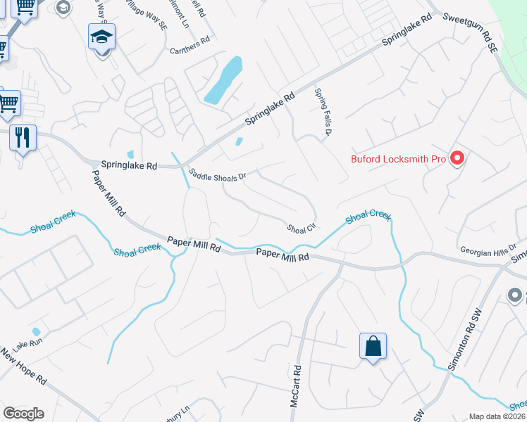 map of restaurants, bars, coffee shops, grocery stores, and more near 442 Shoal Circle in Lawrenceville