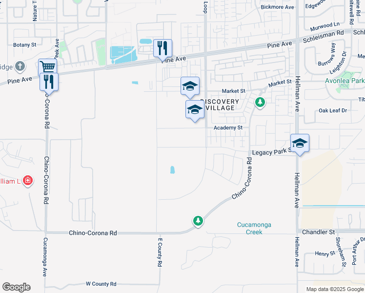 map of restaurants, bars, coffee shops, grocery stores, and more near 8400 Legacy Park Street in Chino