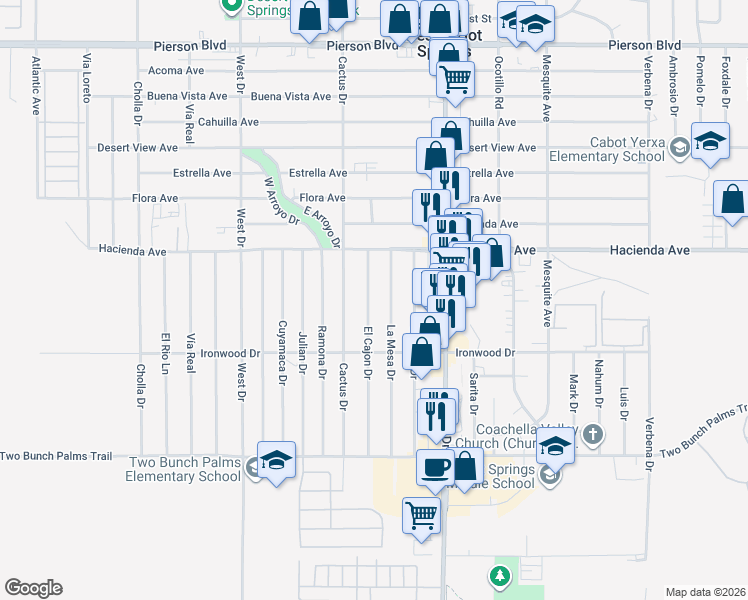 map of restaurants, bars, coffee shops, grocery stores, and more near 13223 El Cajon Drive in Desert Hot Springs