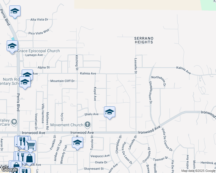 map of restaurants, bars, coffee shops, grocery stores, and more near 25708 Aspenwood Court in Moreno Valley