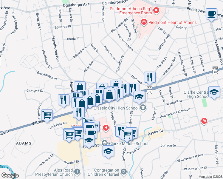 map of restaurants, bars, coffee shops, grocery stores, and more near 830 King Ave in Athens