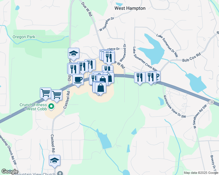 map of restaurants, bars, coffee shops, grocery stores, and more near 3625 Dallas Highway in Marietta