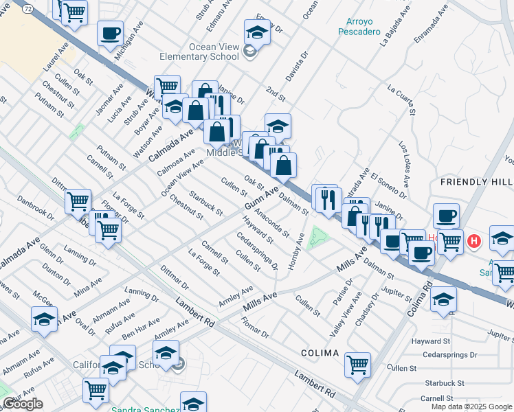 map of restaurants, bars, coffee shops, grocery stores, and more near 8966 Gunn Avenue in Whittier