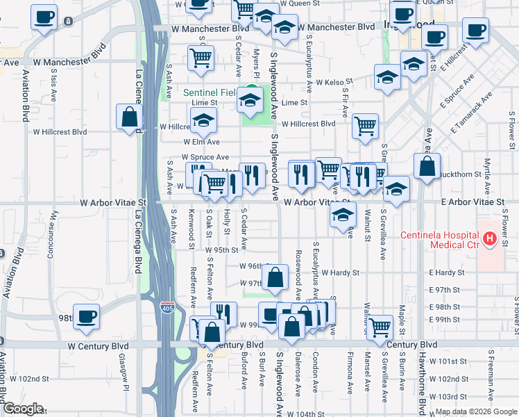 map of restaurants, bars, coffee shops, grocery stores, and more near 426 West Arbor Vitae Street in Inglewood