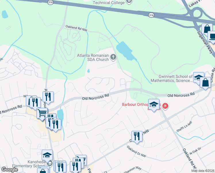 map of restaurants, bars, coffee shops, grocery stores, and more near 2100 Carlysle Park Lane in Lawrenceville
