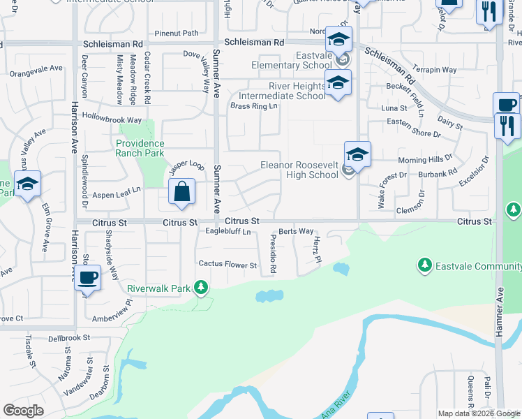 map of restaurants, bars, coffee shops, grocery stores, and more near 13280 Butterwood Court in Corona
