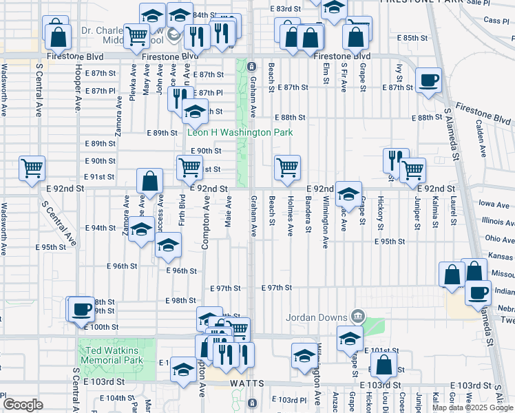map of restaurants, bars, coffee shops, grocery stores, and more near 9236 Graham Avenue in Los Angeles