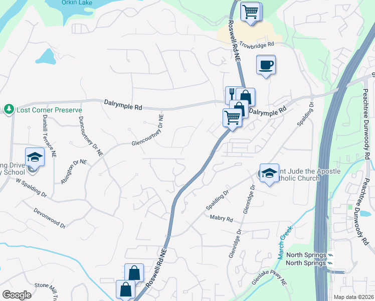 map of restaurants, bars, coffee shops, grocery stores, and more near 535 Wyncourtney Drive Northeast in Atlanta
