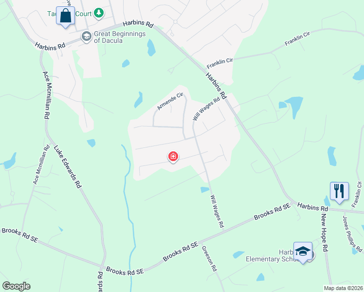 map of restaurants, bars, coffee shops, grocery stores, and more near 2615 Harbins Mill Drive in Dacula