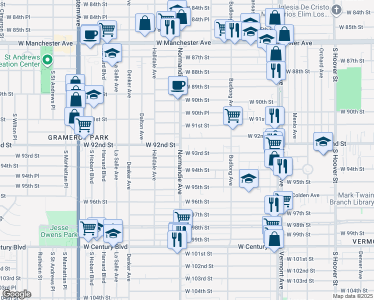 map of restaurants, bars, coffee shops, grocery stores, and more near 1343 1/2 West 93rd Street in Los Angeles